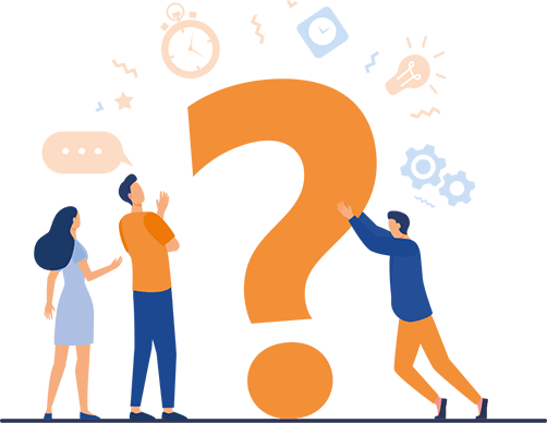 A person holding a large question mark while two others look at it during a discussion