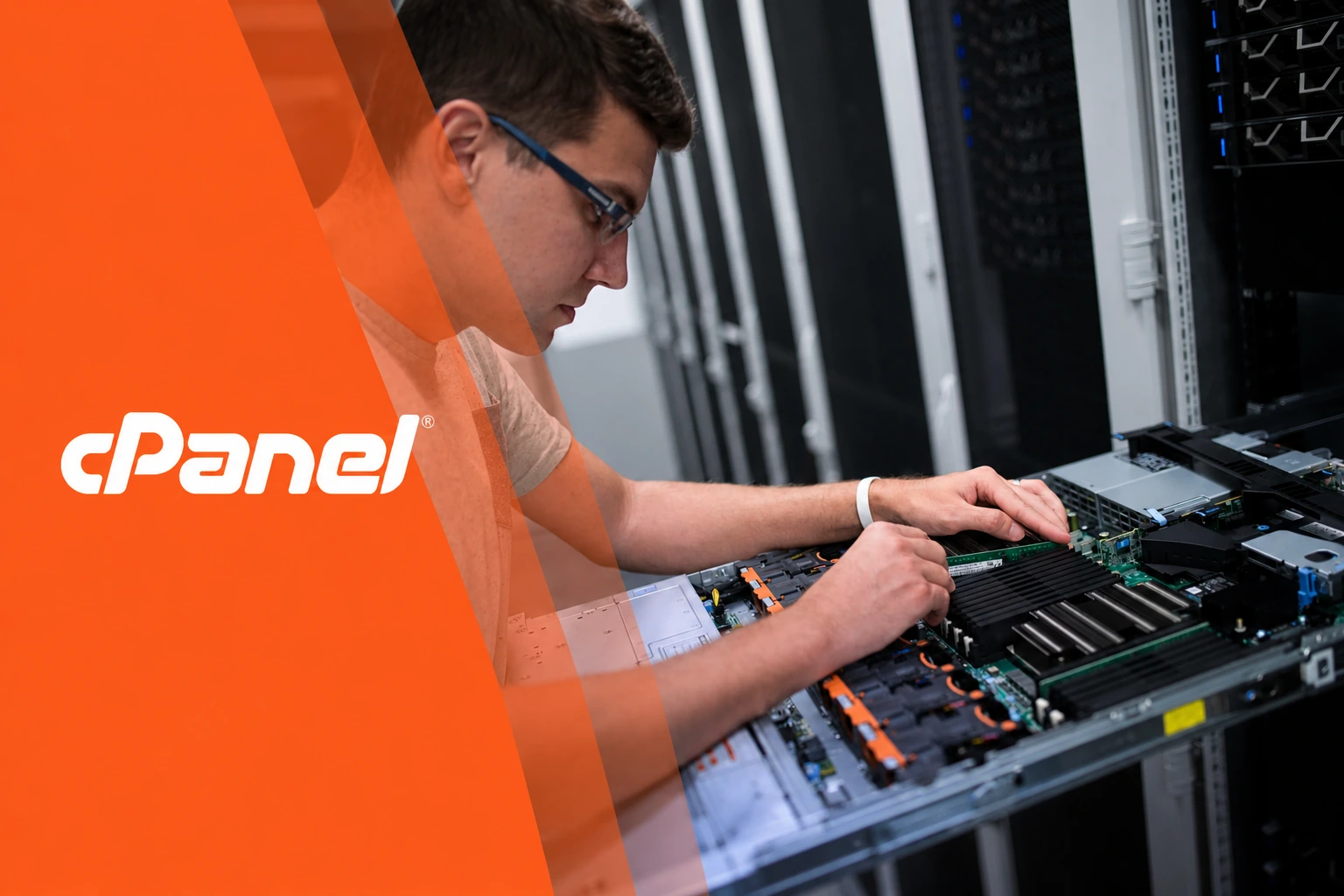 Technician working on cPanel server hardware in a data center