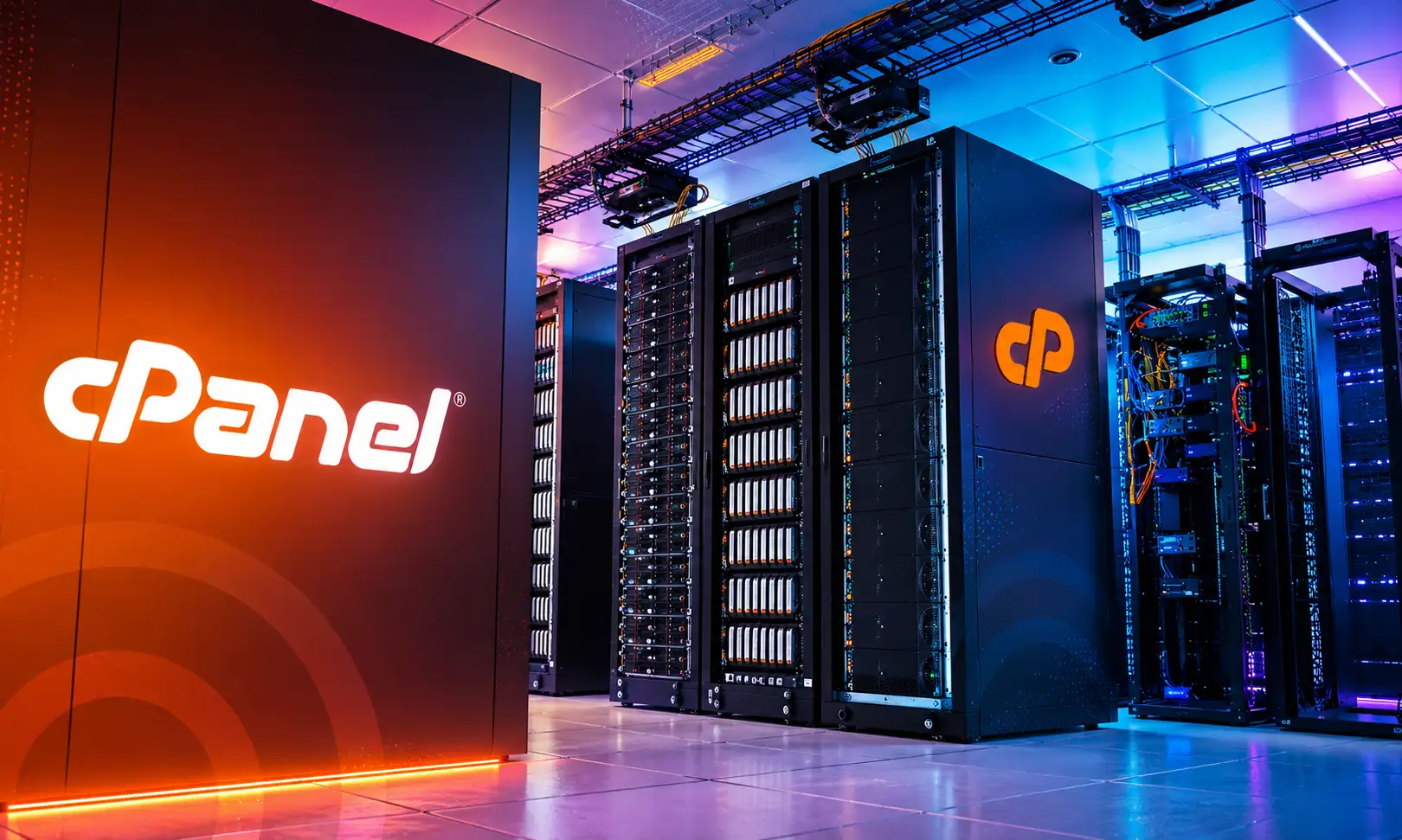 Server room with cPanel branding. Illuminated with blue and orange lights, showcasing sleek, modern server racks, creating a high-tech, professional atmosphere.