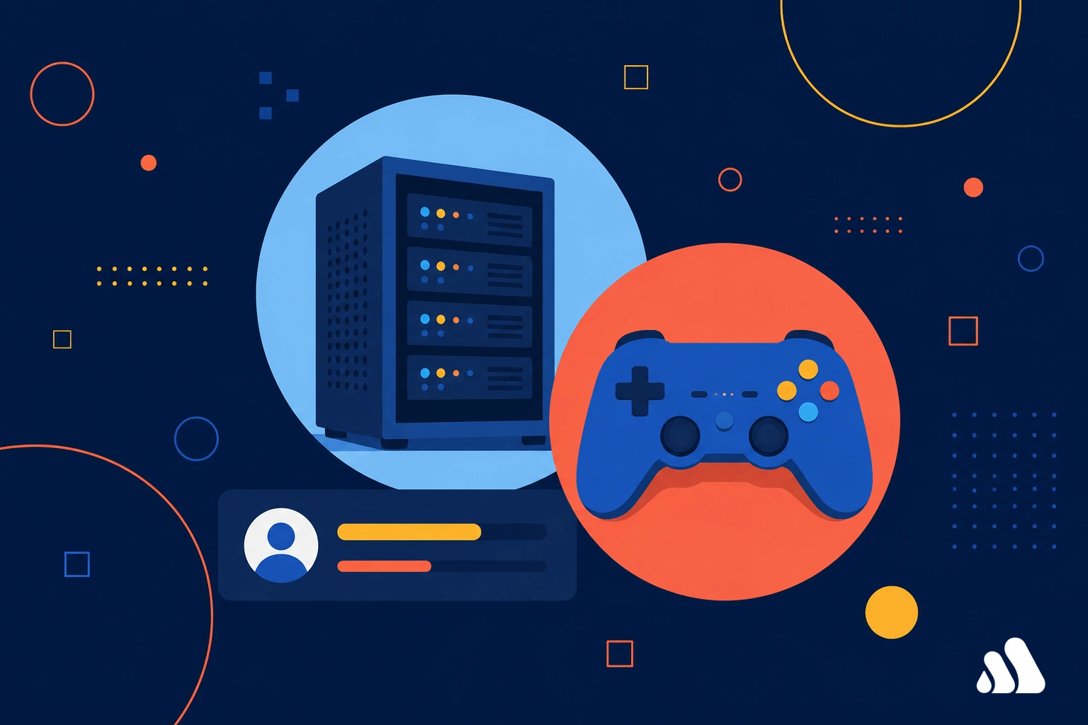 An illustration featuring a dark blue background with geometric shapes, including a gaming console controller and a server tower in circles.