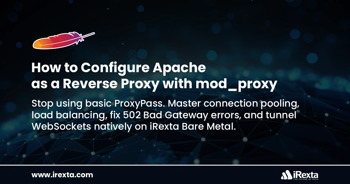 How to Configure Apache as a Reverse Proxy with mod_proxy tutorial banner by iRexta covering ProxyPass, load balancing, WebSockets, and 502 Bad Gateway fixes