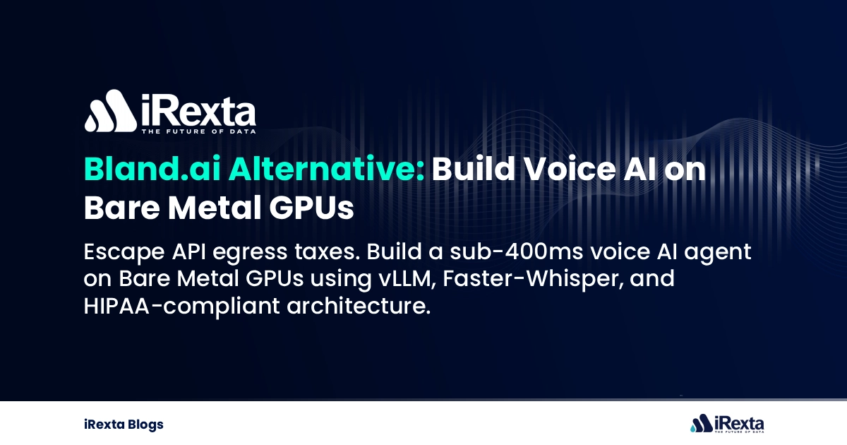 A dark blue promotional graphic for iRexta about building voice AI on bare metal GPUs, featuring text overlays and a subtle white soundwave pattern.