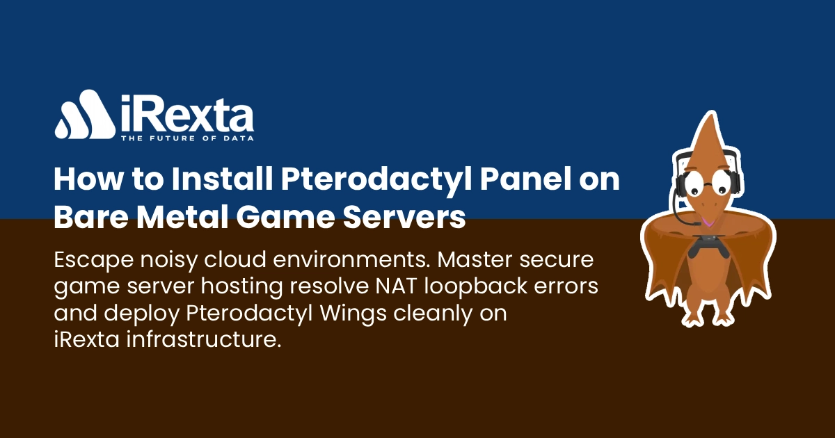 Banner for iRexta showing a guide titled "How to Install Pterodactyl Panel on Bare Metal Game Servers" with a cartoon pterodactyl and promotional text on brown and blue background.