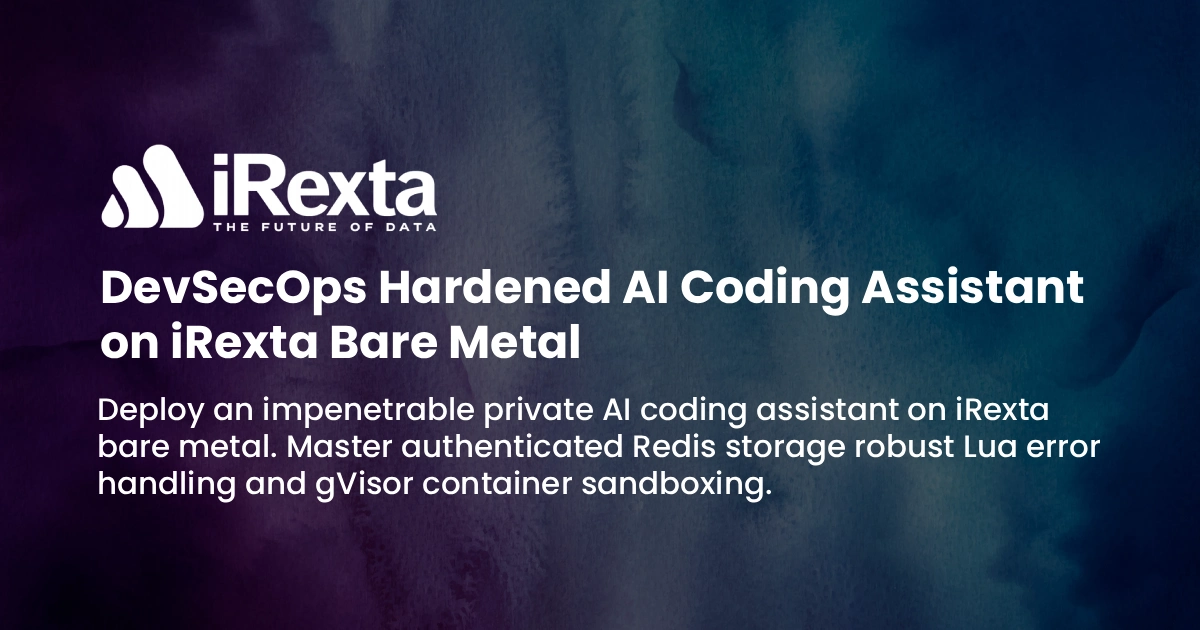 Promotional graphic for iRexta, featuring text about a DevSecOps Hardened AI Coding Assistant on iRexta bare metal. Background is a dark gradient.